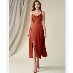 Azazie Ceci Stretch Silky Satin Midi Dress In Terracotta Bridesmaid Party